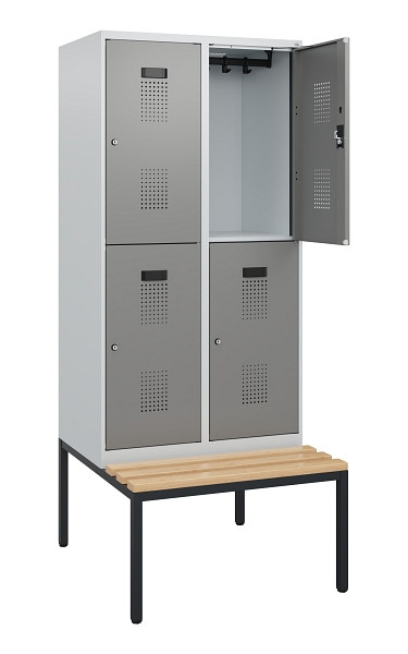 C+P Doppelstöckiger Spind Evolo PLUS, Bank, 4 Fächer, 1950x800x815mm, 7035/0004, Zylinderschloss, Sitzfläche Buche-Hartholz, Sitzbank, 0493505-22 S10041