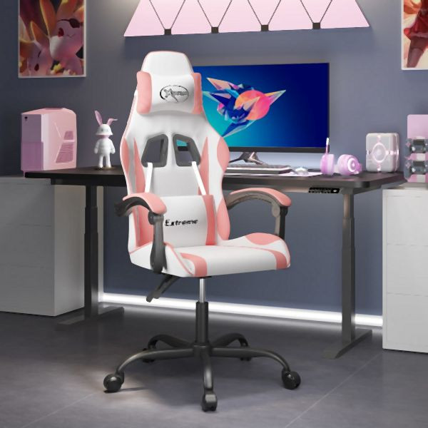 vidaXL Gaming-Stuhl Drehbar Weiß und Rosa Kunstleder, 349576
