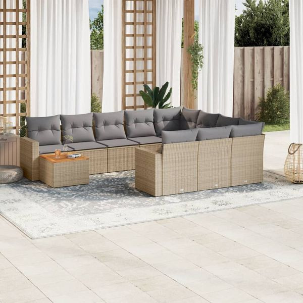 vidaXL 11-tlg. Garten-Sofagarnitur mit Kissen Beige Poly Rattan, 3224309
