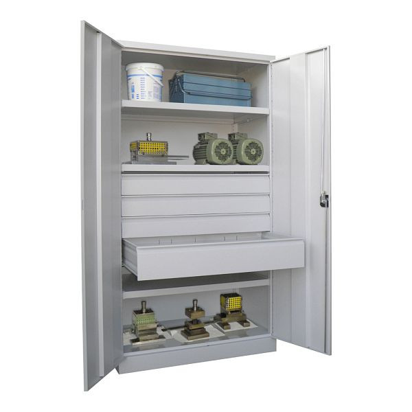 Pavoy Schwerlastschrank 1950/1040/630, 3 Fachböden, 4 Schubladen, 3x a 125 mm, 1x 175mm Höhe, Flügeltüren, Drehgriff mit Zylinderschloss, 36365-104-004-910