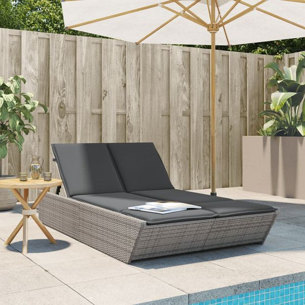 vidaXL Doppel-Sonnenliege mit Kissen Grau Poly Rattan, 368181