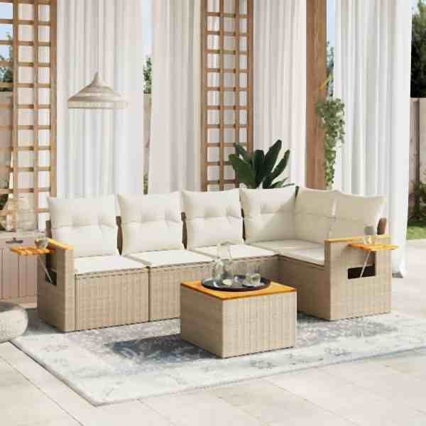 vidaXL 6-tlg. Garten-Sofagarnitur mit Kissen Beige Poly Rattan, UV-beständig, 3259195