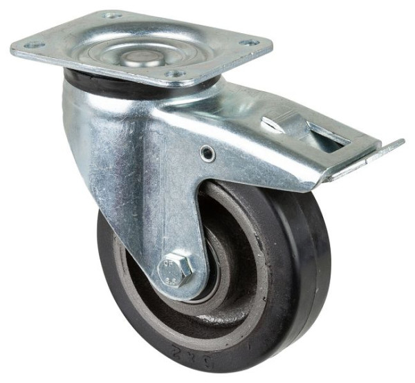 BS Rollen Schwerlastrolle mit Feststeller, Breite 50 mm, Ø150 mm, bis 350 kg, Elastik-Reifen schwarz, Radkörper Guss, Kugellager, L620.B81.150