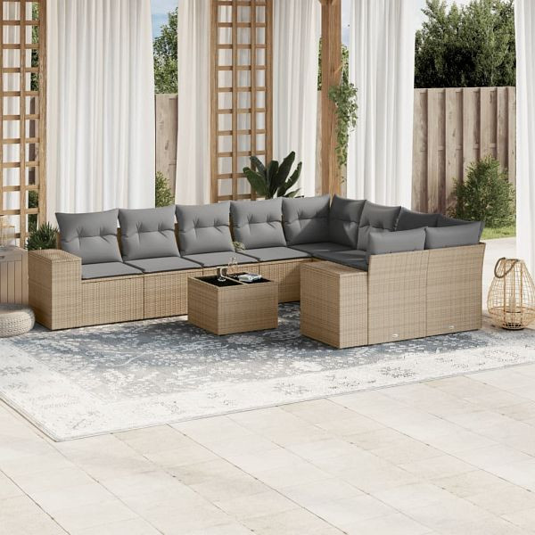 vidaXL 10-teilig Garten-Sofagarnitur mit Kissen Beige Poly Rattan, 3223048