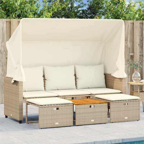 vidaXL Outdoor-Sofa 3-Sitzer mit Dach und Hockern Beige Poly Rattan, UV-beständig, 365455