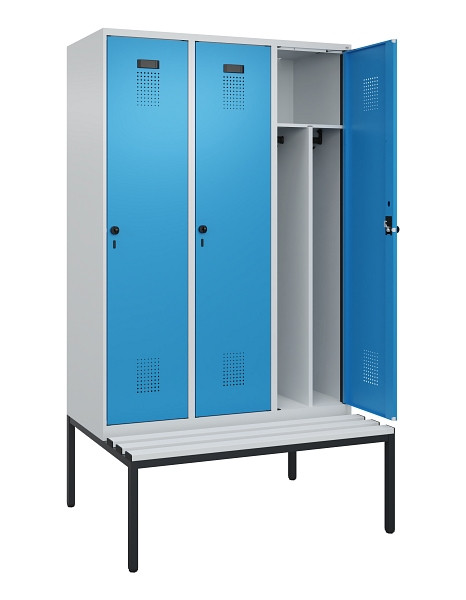 C+P Spind Evolo PLUS, 3 Abteile, 2120x1200x815mm, 7035/5012, Haken 4, Drehriegel, Sitzfläche Kunststoff, Sitzbank, Trennwand, 0490507-32F S10061