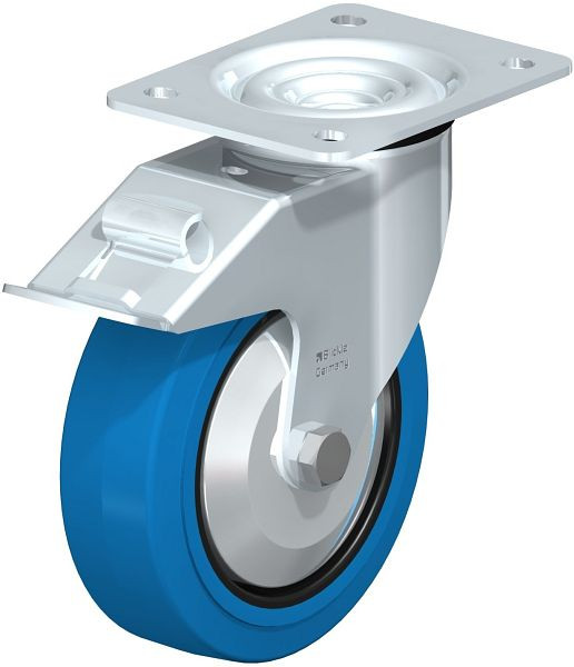 Blickle LE-POEV 160K-FI-SB-FA Stahlblech-Lenkrolle mit Anschraubplatte & Feststeller, Elastik-Vollgummi, Blau, 749608