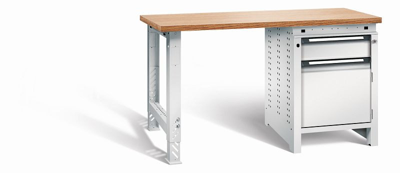 Otto Kind Werkbank function Typ 204, überstehende Multiplex-Arbeitsplatte, 1 Fußgestell, 1 Unterbau, komplett RAL 7035, 072190017