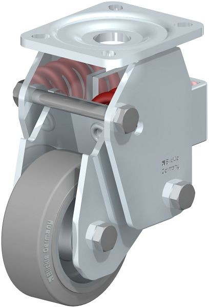 Blickle BHF-ALEV 100K-1-SG Stahlblech-Bockrolle, Schwerlast-Ausführung, mit Stahlfeder, Elastik-Vollgummi, Grau, 632711