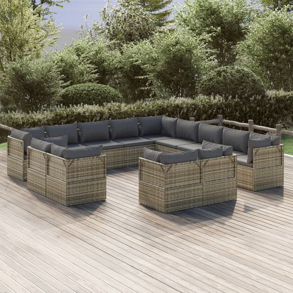 vidaXL 13-teilig Garten-Lounge-Set mit Kissen Grau Poly Rattan, 3157466