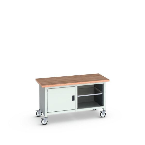 bott cubio Kastenwerkbank mobil, Türe, 2 Ablagen, Rotbuche-Arbeitsplatte, BxTxH: 1500x750x840mm, RAL 7035/7035, Lichtgrau, 41002095.16V