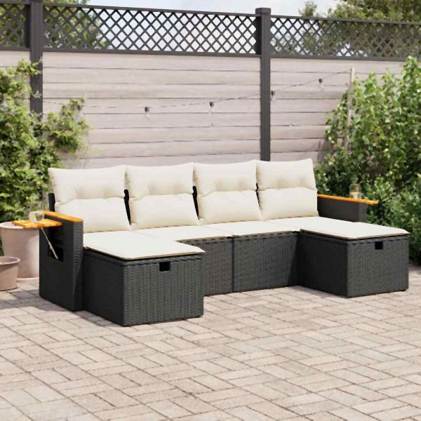 vidaXL 6-tlg. Garten-Sofagarnitur mit Kissen Schwarz Poly Rattan, 3325997