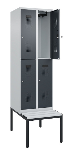 C+P Doppelstock-Spind Evolo PLUS, Bank, 4 Fächer, 2120x600x815mm, 7035/7016, Zylinderschloss, Sitzfläche Kunststoff, Sitzbank, 0493507-20 S10120