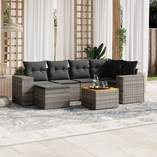 vidaXL 7-teilig Garten-Sofagarnitur mit Kissen Grau Poly Rattan, 3257880