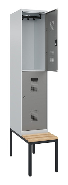 C+P Doppelstock-Spind Evolo PLUS, Bank, 2 Fächer, 2120x400x815mm, 7035/0004, Zylinderschloss, Sitzfläche Buche-Hartholz, Sitzbank, 0493507-12 S10041