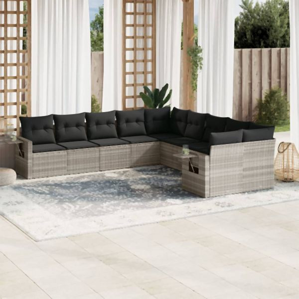 vidaXL 10-tlg. Garten-Sofagarnitur mit Kissen Hellgrau Poly Rattan, 3253049