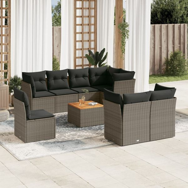 vidaXL 9-teilig Garten-Sofagarnitur mit Kissen Grau Poly Rattan, 3223743