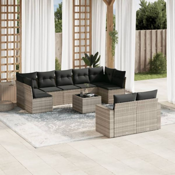 vidaXL 10-tlg. Garten-Sofagarnitur mit Kissen Hellgrau Poly Rattan, 3251769