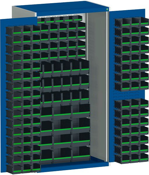 bott cubio Flügeltürschrank bestückt mit Schlitzprägung, 150 bottBoxen BxTxH: 1050 x 650 x 2000 mm, RAL 7035/5010, 40021235.11V