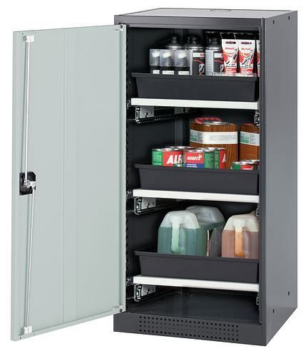 asecos Chemikalienschrank Systema-T CS-53L, Korpus anthrazit, Flügeltüren grau, 3 Tablarauszüge, 208834