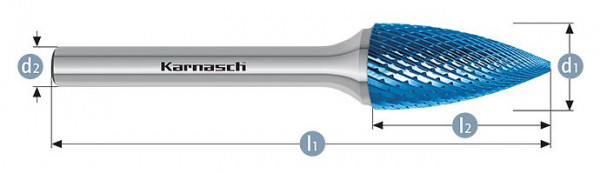 Karnasch Hartmetall-Frässtift Blue-Tec beschichtet SPG/ HP-4 d1=3 / l2=6 / d2=3 / l1=38mm, VE: 4 Stück, 115062010