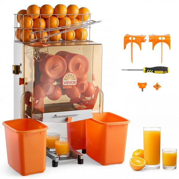 VEVOR Elektrische Orangenpresse 120W Edelstahl, für 20 Orangen/Min, mit 2 Kunststoff-Schalen-Auffangbehältern, BZDJLCZJ120W21DK8001V2