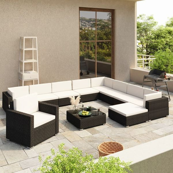 vidaXL 12-teilig Garten-Lounge-Set mit Auflagen Poly Rattan Schwarz, 41263