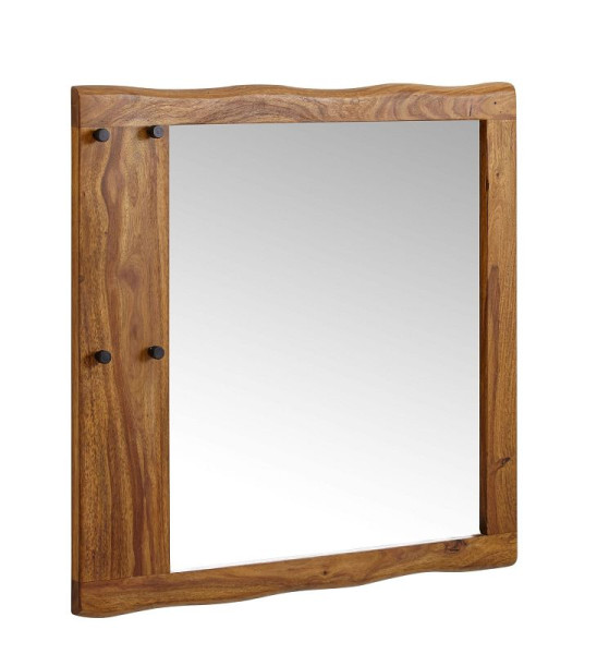 Wohnling Wandspiegel Sheesham Massivholz 80x80x3 cm Design Flurspiegel Baumkante, Hängespiegel Modern mit Haken, Spiegel Wand Groß, WL6.547