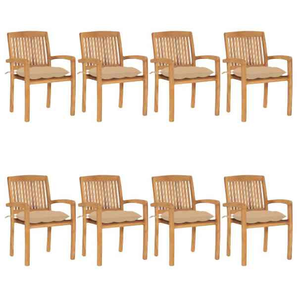 vidaXL Stapelbare Gartenstühle mit Kissen 8 Stück Massivholz Teak, 3073282