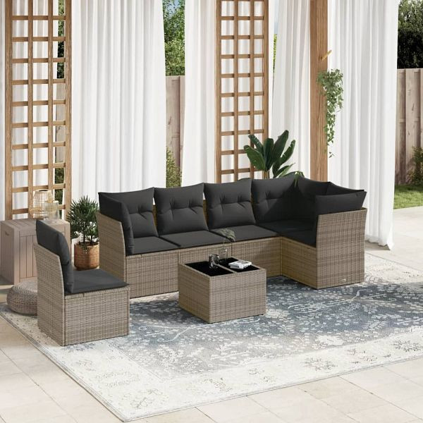 vidaXL 7-teilig Garten-Sofagarnitur mit Kissen Grau Poly Rattan, 3249549