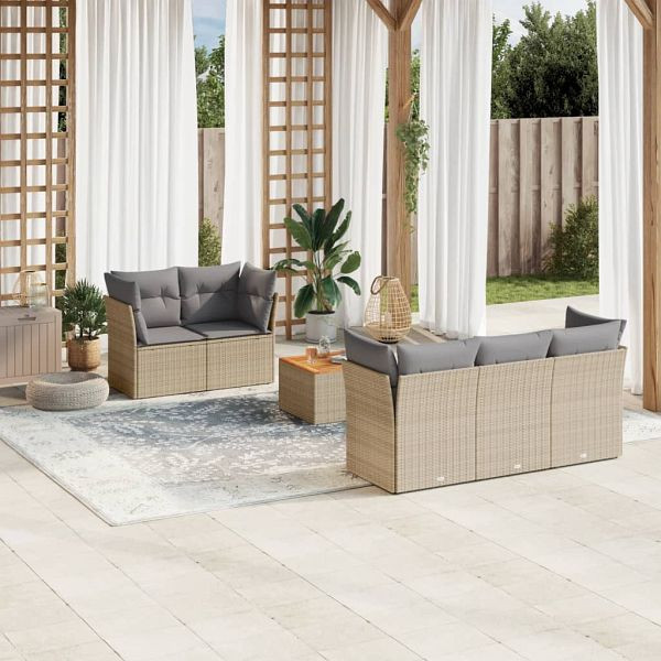 vidaXL 6-teilig Garten-Sofagarnitur mit Kissen Beige Poly Rattan, 3223483
