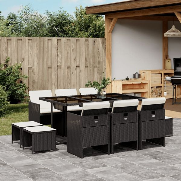 vidaXL 11-teilig Garten-Essgruppe mit Kissen Schwarz Poly Rattan, 3277733