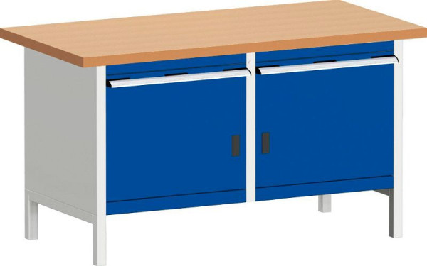 bott cubio Kastenwerkbank mit 2 Schubladen 2 Türen, Rotbuche-Arbeitsplatte BxTxH: 1500 x 750 x 840 mm, RAL 7035/5010, 41002029.11V