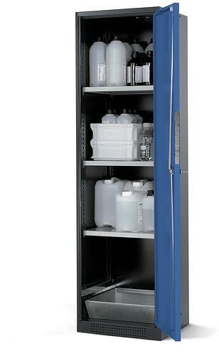 asecos Chemikalienschrank Systema CS-53R, Korpus anthrazit, blau, 3 Einlegeböden und Bodenwanne, 202577