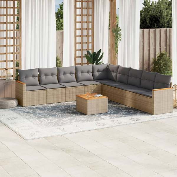 vidaXL 10-tlg. Garten-Sofagarnitur mit Kissen Beige Poly Rattan, UV-beständig, 3226066