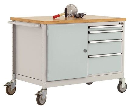 Manuflex Mobile Werkbank Modell 4 mit geölter Multiplex-Abdeckplatte 30 mm BxTxH 1135 x 590 x 810 mm, lichtgrau, TP1004.7035