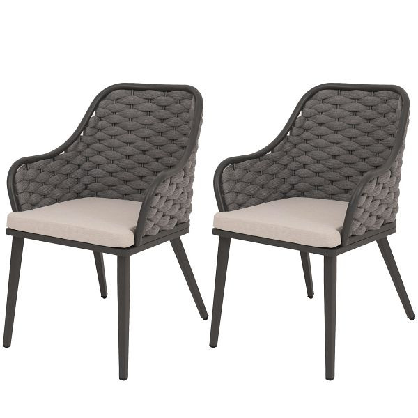 Mendler 2er-Set Aluminium-Gartenstuhl HWC-O16, Outdoor Stuhl, Olefin (200 g/m²) Seilgeflecht Rope, anthrazit Kissen taupe, 110763