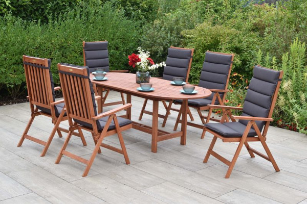 Merxx Vitoria Set 13-teilig, 6 Vitoria Klappsessel, 6 Auflagen, uni grau, mehrfach abgesteppt, 1 Ausziehtisch 160 (210) x 90 cm, 50183-800