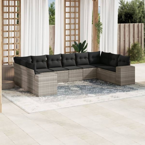 vidaXL 10-tlg. Garten-Sofagarnitur mit Kissen Hellgrau Poly Rattan, 3255409