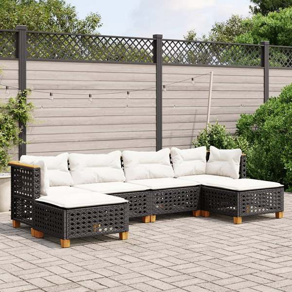 vidaXL 6-tlg. Garten-Sofagarnitur mit Kissen Schwarz Poly Rattan, UV-beständig, 3261950