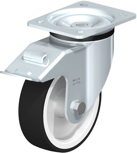 Blickle LK-POTH 150G-FI Stahlblech-Lenkrolle, schwere Ausführung, mit Anschraubplatte & Feststeller, Thermoplastisches Polyurethan, Grau, 608836