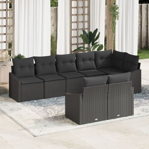 vidaXL 8-teiliges Garten Essset mit Kissen Schwarz Poly Rattan, 3355442