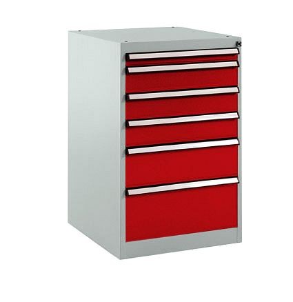 Manuflex Schubfachschrank BASETEC Stationär, Nutzhöhe 700 mm mit 6 Schubfächern, in rubinrot RAL 3003, SP1107.3003