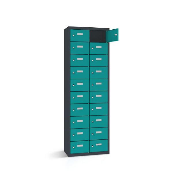 Rotstahl Wertfachschrank, 20 Fächer, Tür einwandig, kurzer Sockel, Korpus: anthrazitgrau, Türen: türkisblau, 2161-021003-0801112-7016-5018