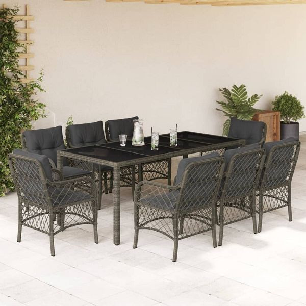 vidaXL 9-teilig Garten-Essgruppe mit Kissen Grau Poly Rattan, 3212035