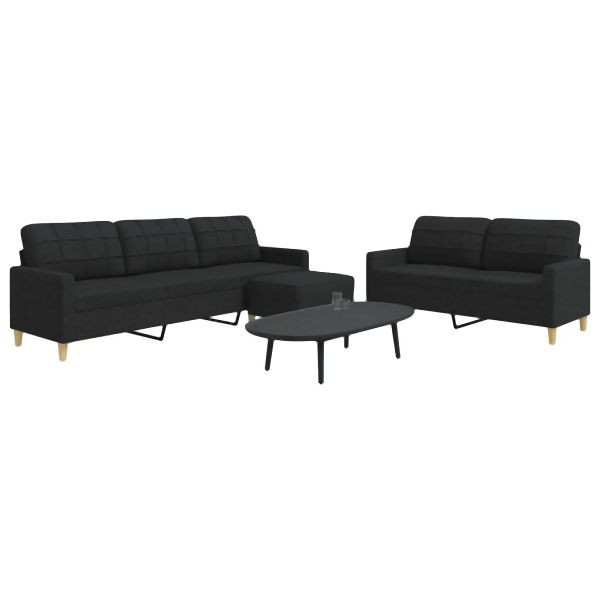 vidaXL 3-tlg. Sofagarnitur mit Fußhocker Schwarz Stoff, 3278331