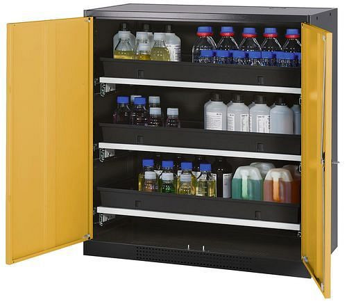 asecos Chemikalienschrank Systema-T CS-103, Korpus anthrazit, Flügeltüren gelb, 3 Tablarauszüge, 208864