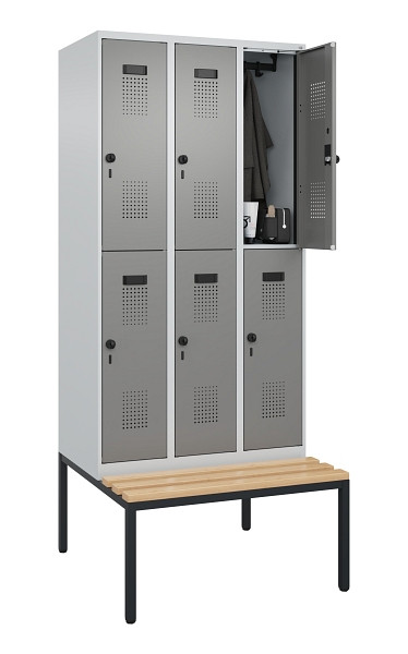C+P Doppelstock-Spind Evolo PLUS, Bank, 6 Fächer, 2120x900x815mm, 7035/0004, Drehriegel, Sitzfläche Buche-Hartholz, Sitzbank, 0493507-30 S10014