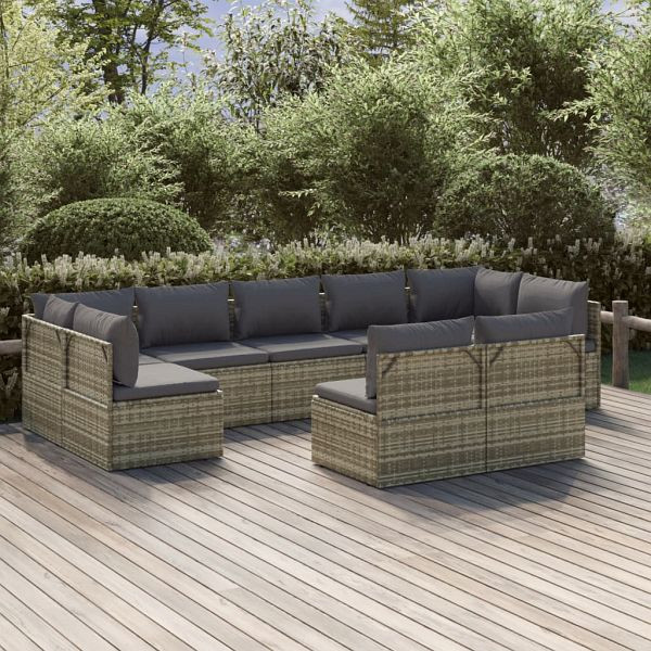 vidaXL 9-teilig Garten-Lounge-Set mit Kissen Grau Poly Rattan, 3157343