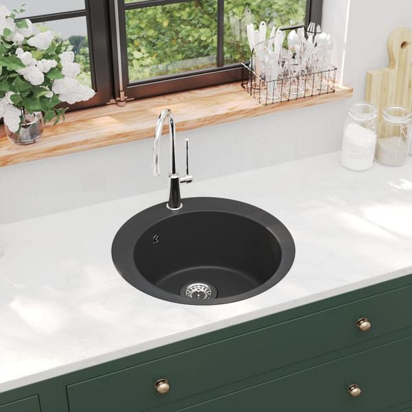 vidaXL Granitspüle Einzelbecken Rund Schwarz, Material: 80% Quarz, 20% Harz, 142956
